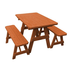 Yellow Pine Traditional Picnic Table with 2 Benches Picnic Table 4ft / Redwood Stain / Without Umbrella Hole